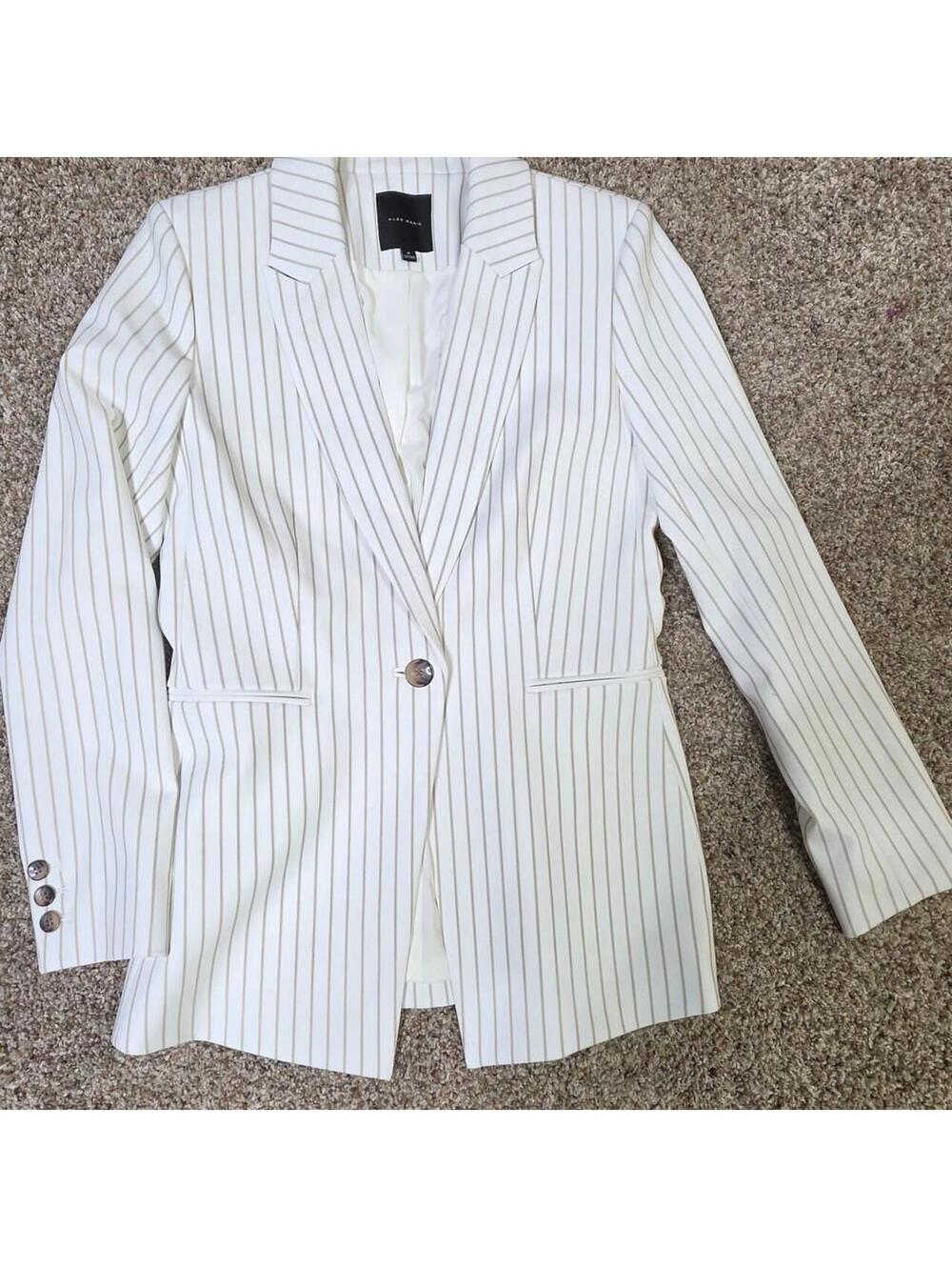 Title: Chic Alex Marie Ivory White Pinstripe One-Button Blazer Jacket